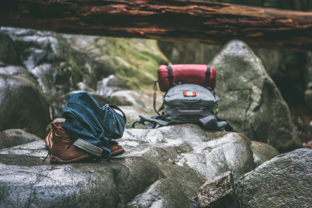 hiking backpack on rocks